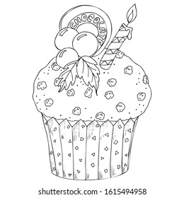Hand drawing vector coloring page with muffin for adults and kids. Cute drawing with pattern and small details.