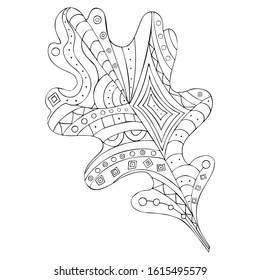 Hand drawing vector coloring page with oak leaf for adults and kids. Cute drawing with pattern and small details.
