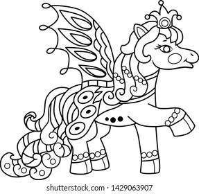 Hand drawing vector coloring unicorn for kids and adults. Beautiful drawing with small details. One of a series of coloring pictures.