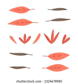 Hand drawing vector decorative leaves and flowers, set of colorful floral elements