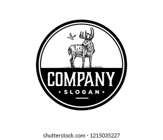 Hand Drawing Vector Deer with Flying Duck Animal Wild Sign Symbol Vintage Company Circle Logo Template Design Inspiration