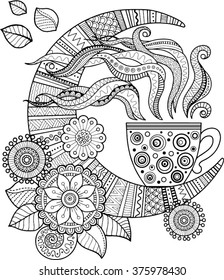 Hand drawing vector elements. A cup of herbal tea for a good night. Coloring book for Adult