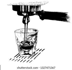 Hand Drawing, Vector Espresso Illustration. Espresso Pouring From Coffee Machine.