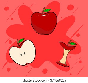 hand drawing vector of full apple, half apple and apple stalk, isolated on a red background with splash pattern