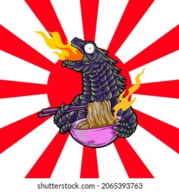Hand Drawing vector Godzilla Eating Spicy Noodles