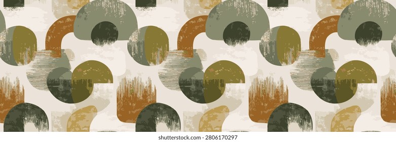 Hand drawing vector illustration of an abstract seamless pattern with geometric mid-century shapes. Artistic background featuring hand-drawn semicircles, textured blocks, and brush stroke elements in earthy terracotta orange, olive green, mustard yellow, and sage tones.