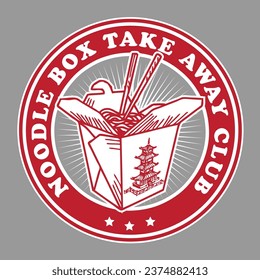 Hand Drawing Vector Illustration of Asian Take Away Box with Noodle on It in Emblem Style Design