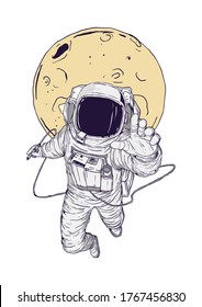 hand drawing vector illustration of astronaut flying front of moon. good for t-shirt design, poster, banner, illustration, book, sticker etc.