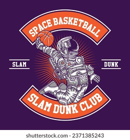 Astronauta de ilustración de vectores de dibujo a mano en el diseño de emblema de vectores de slam Dunk Club de baloncesto espacial