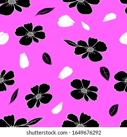 Eine handgezeichnete Vektorillustration Illustration von schwarzen Blumen mit Blättern und Blüten einzeln auf rosafarbenem Hintergrund, Nahtloses Muster