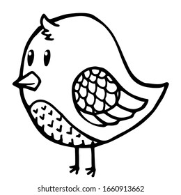Hand drawing vector illustration. Cartoon bird. Funny character. Minimalistic design. Black lines.