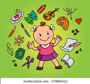 hand drawing vector illustration. Cartoon girl with icons education and the arts. Concept of modern education.