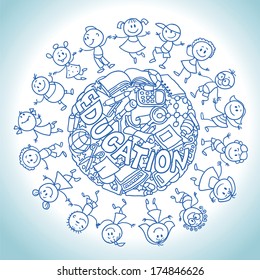 hand drawing vector illustration. Cartoon children in a circle.