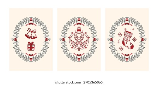Dibujo a mano Ilustración vectorial de un conjunto de tarjetas de Navidad