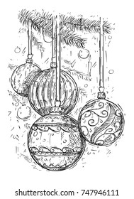 Hand drawing vector illustration of Christmas ball decorations on the tree.