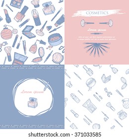 Hand drawing. Vector illustration. Collection of female cosmetics images.