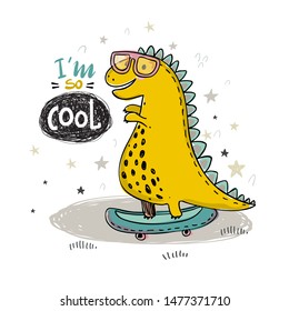 Hand drawing vector illustration of cool dinosaur for kids print design.
