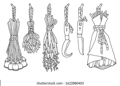 Hand drawing vector illustration. Ink sketch. Medicinal herbs, dry herbs for aromatherapy, sickle for collecting herbs. Herbalism, witchcraft, Wicca and occult. Botanical illustration. Coloring page