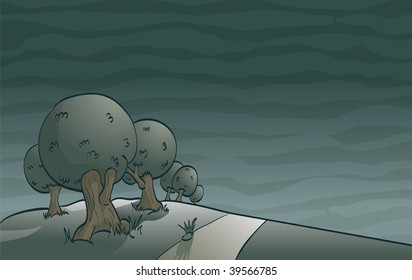 Ilustración vectorial de dibujo manual. Olivos por la noche.