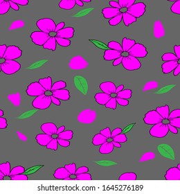 A hand drawing vector Illustration of pink flowers with green leaves and petals isolated on a gray background, Seamless pattern