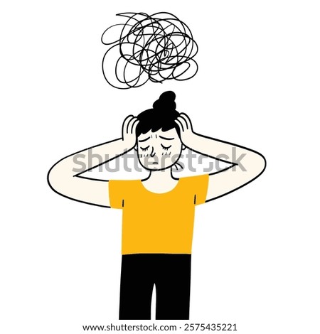 Hand drawing vector illustration, Sad young girl having restless stressed expression on face and crying of stress. Obsessive compulsive, anxiety disorder concept