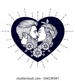 Hand Drawing vector illustration for Saint Valentine's card in hipster style. Vector logo man kissing woman. Two young people are kissing on heart background.