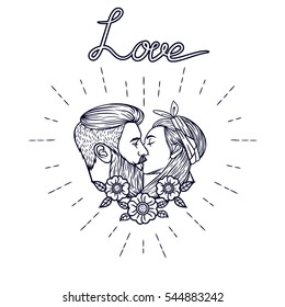 Hand Drawing vector illustration for Saint Valentine's card in hipster style. Vector logo  man kissing woman. Two young people are kissing on white background. 