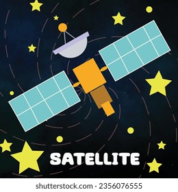 Ilustración vectorial de dibujo manual del satélite. comunicaciones por satélite desde la órbita terrestre. Navegación y comunicación, espacio y concepto de antena.