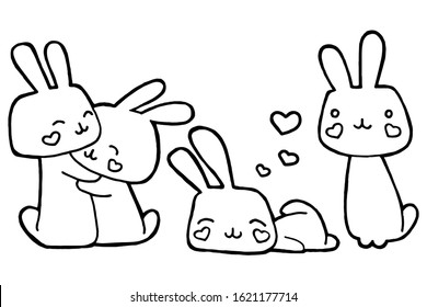 Hand drawing vector illustration. Set of rabbits in love. Hugs. Coloring page. Cute sticker for valentines day. Funny character. Kawaii bunny. Illustration for children's staff. Love, romance, happy