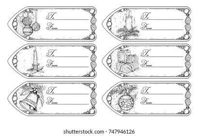 Hand drawing vector illustration of six decorative christmas tag designs.