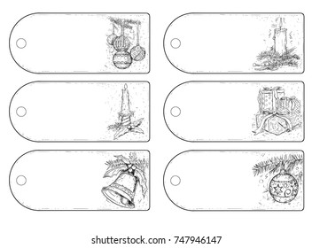 Hand drawing vector illustration of six decorative christmas tag designs.