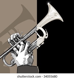 hand drawing vector illustration of a trumpet on brown background