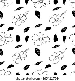 A hand drawing vector Illustration of white flowers with black leaves and petals isolated on a white background, Seamless pattern