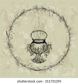 Hand drawing, vector illustration. Wreath: grass,herbal spike, mistletoe, seeds, twigs and berries. In the middle of the wreath is depicted magical pot, with fire and steam.