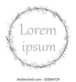 Hand drawing, vector illustration. Wreath:grass, herbal spike, mistletoe, seeds, twigs and berries.