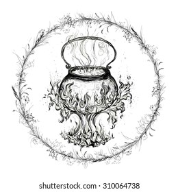 Hand drawing, vector illustration. Wreath:grass, herbal spike, mistletoe, seeds, twigs and berries. In the middle of the wreath is depicted magical pot, with fire and steam.