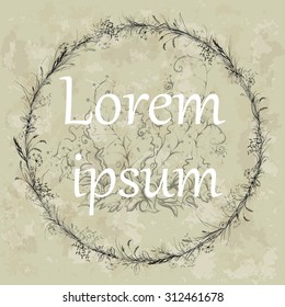 Hand drawing, vector illustration. Wreath:grass, herbal spike, mistletoe, seeds, twigs and berries.On grunge background with ferns.