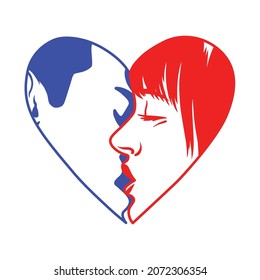 hand drawing vector illustration.blue and red face kiss in a linear style on a white background.logo man kissing woman.symbol of love and charity.modern design for posters,tshirts,bags,invitations,etc