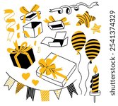 Hand drawing vector illustrations of gift box with ribbon. Line art of birthday surprise, Christmas