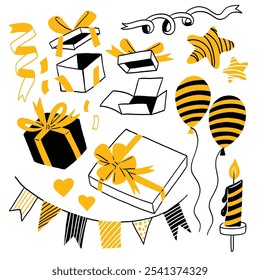 Hand drawing vector illustrations of gift box with ribbon. Line art of birthday surprise, Christmas's day and New year.