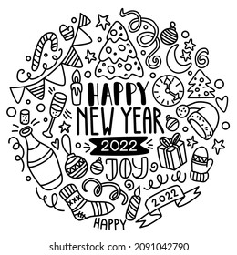 Hand Drawing Vector Lineart Happy New Year 2022 Doodle Set. Use for greeting card, celebration, festival, design, print, postcard, poster, pattern, coloring book.