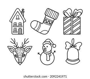 Hand Drawing Vector Lineart Icons Doodle Set. Gingerbread house, christmas sock, gift, deer, snowman, bell. Use for greeting card, celebration, festival, design, print, postcard, poster, pattern