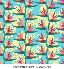 Hand drawing Vector pattern with Bird of paradise flower tropical plant exotic flowers seamless background. Exotic flowers background.