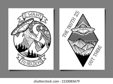 Hand Drawing Vector Poster Set line art composition with UFO, mountains, forest and lettering. Use for tattoo design, poster, card, print, textile, fabric, stickers, interior decor