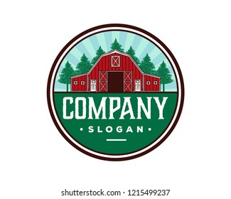 Hand Drawing Vector Red Barn on the Farm Fields with Pine Tree Forest Sign Symbol Vintage Circle Logo Template Design Inspiration