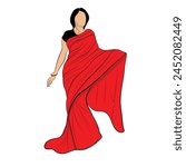 Hand drawing vector red saree, Vector drawing of a tall lady, Indian traditional dress illustration
