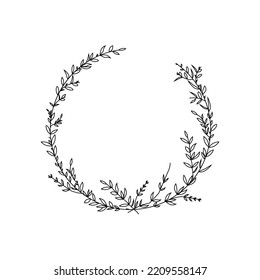 Hand drawing. Vector round frame. Floral wreath with leaves and branches. Decorative elements for design.
