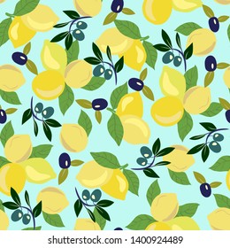 Hand drawing vector seamless pattern with lemon, olives and olive branch. Excellent design for packaging, wrapping paper, textile, menu, card, banner and etc 