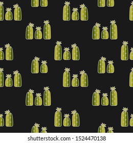 Hand drawing vector seamless pattern with cactus on black background . Desert plants.