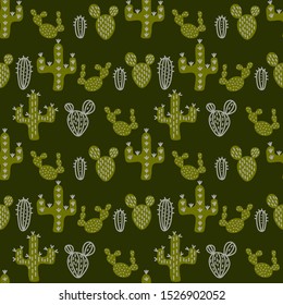 Hand drawing vector seamless pattern with cactus on dark background . Desert plants.